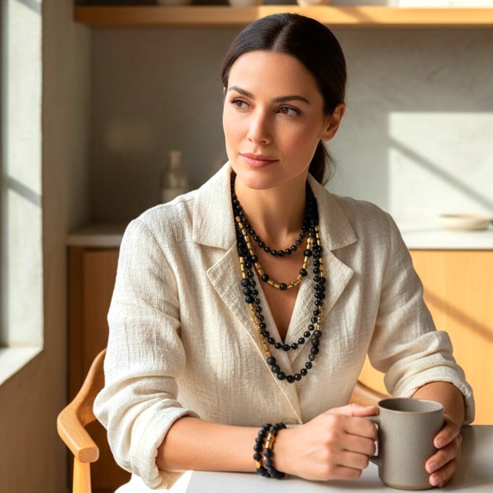 Artisan Matte Black & Gold Beaded Jewelry Set – 4 Piece Layering Collection